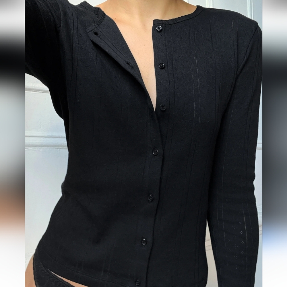 Cou Cou Intimates The Cardigan  Pointelle Ribbed Top Medium Black Cotton